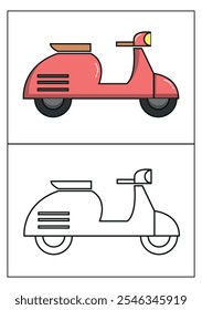 Red Motorcycle vehicle vector with black and white outline for page coloured illustration