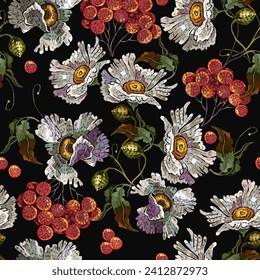 Red mountain ash berries and white chamomile flowers seamless pattern. Embroidery style. Fashion garden floral template for clothes, t-shirt design