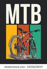 Ilustración de bicicleta de montaña roja con fondo de naturaleza tricolor y texto de MTB.