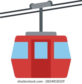 Red mountain cable car with blue windows icon. A clean vector graphic depicting a red gondola lift with blue tinted windows attached to double black cables. Ideal for resort maps or travel guides.