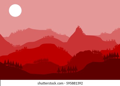 red mountain hill landscape with red sky.vector and illustration