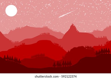 red mountain hill landscape with tree and star on the red sky  background.vector and illustration
