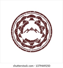 Red mountain icon inside distress rubber seal with grunge texture