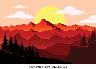 paisaje de montaña roja con fondo de puesta de sol. ilustración vectorial. vector panorámico plano. vector de paisaje natural. vector de montaña. montañas.