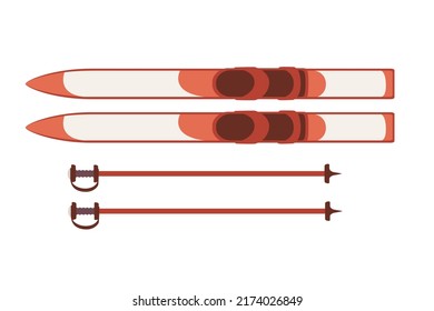 Red mountain ski and sticks set for snowy sport and weekend vector illustration isolated on white background