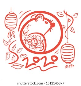 Red mouse drawing cartoon style is vector of the Chinese New Year 2020.