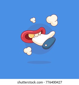 Red mouth bites "like" icon on a blue background