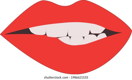 Red mouth biting lips with teeth
