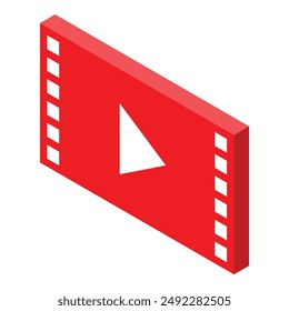 Red movie clapperboard isometrically displaying a play button symbol for video content creation