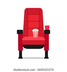 Red movie theater chair icon symbol. Cinema seat with soda and popcorn bucket on it isolated on white background. Vector illustration