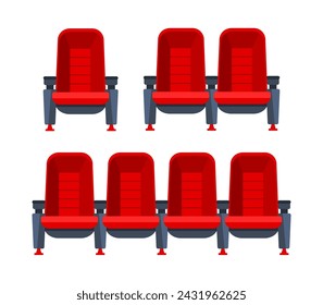 Red movie theater seats for comfortable watching film. Cinema chair. Vector illustration