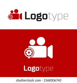 Red Movie or Video camera and gear icon isolated on white background. Adjusting app, service concept, setting options, maintenance, repair, fixing. Logo design template element. Vector Illustration
