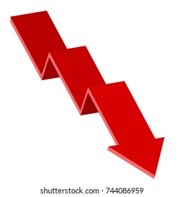 Red moving down arrow. Financial chart. Vector 3d illustration isolated on white background