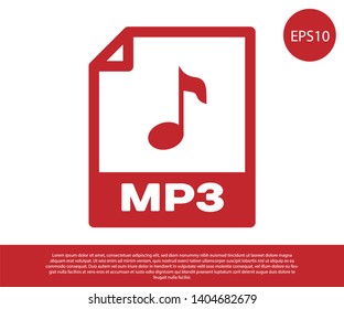 Red MP3 file document icon. Download mp3 button icon isolated on white background. Mp3 music format sign. MP3 file symbol. Vector Illustration