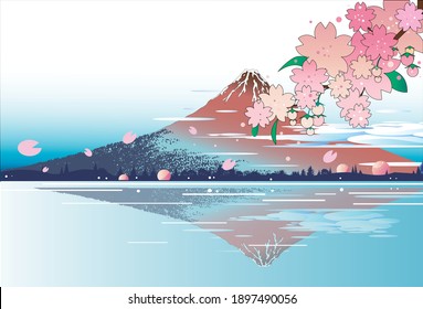 Red Mt Fuji and cherry blossoms in full bloom in spring