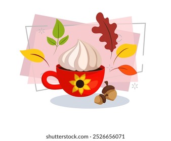 Red mug with autumn drink vector illustration. Cartoon drawing for banner design. Acorns and leaves on abstract background. Autumn or fall, beverage, coffee break, breakfast concept