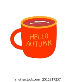 Red mug with autumn greeting HELLO AUTUMN. Illustrated vector element isolated on a white background