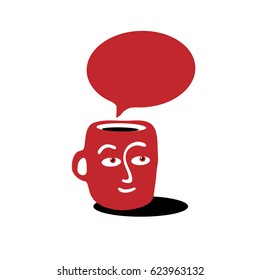Red mug with a cartoon face in a conceptual style on a white background. Isolated vector illustration for design.