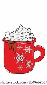 red mug with a Christmas pattern, snowflakes. christmas drink, hot chocolate with marshmallows? hot chocolate cup