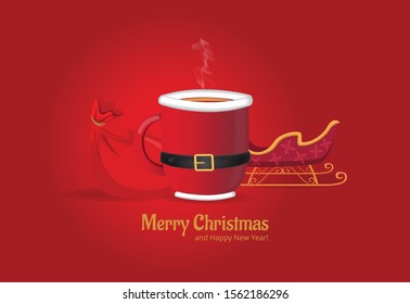 Red mug, Christmas sledge, Santa clause  Bag, Smoke, tea, coffee, Happy new year, cool red, Merry Christmas & Red Christmas Background .