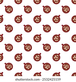 Red mug with cocoa and marshmallows, top view. Seamless pattern. Vector illustration on a white background.