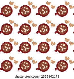 Red mug with cocoa and marshmallows, top view. Seamless pattern. Vector illustration on a white background.