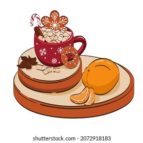 Red mug with cocoa and marshmallows, vanilla sticks, lollipop, and gingerbread on a stand. Orange, orange slices. Christmas vector illustration. Winter dessert drink. Isolated on a white background.