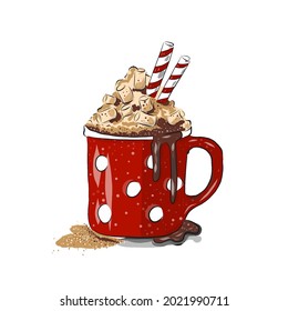 red mug with coffee and marshmallows