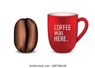 Red mug with coffee text and realistic coffee bean isolated on white background vector illustration 