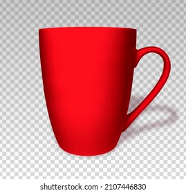 Red mug. Cup coffee isolated on transparent background. Mockup side view. Blank ceramic mug. 3d object with shadow. Cup front. Mock up template. Sublimation print. Design prints. Vector illustration