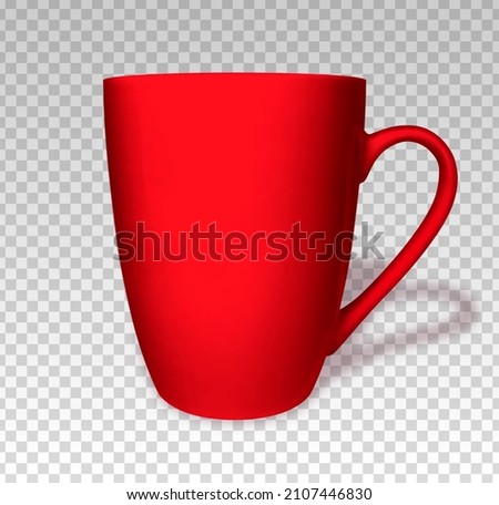 Red mug. Cup coffee isolated on transparent background. Mockup side view. Blank ceramic mug. 3d object with shadow. Cup front. Mock up template. Sublimation print. Design prints. Vector illustration