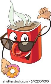 Red mug with dark glasses and cookie in hand