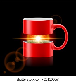 Red mug divided into two parts with sunshine between them.