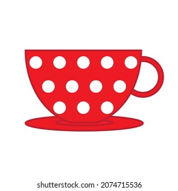 Red mug with dot. Cafe logo. Aroma drink. Kitchen element. Home design. Interior art. Vector illustration. Stock image.