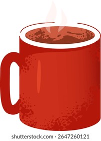 A red mug filled with a hot drink with steam rising from the top. The mug has a simple flat style design