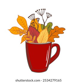 red mug filled with vibrant autumn leaves creating a cozy and warm autumn atmosphere. Simple symbol for poster, card, banner, autumn cozy vibe illustration.