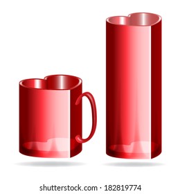 Red mug and glass heart shaped