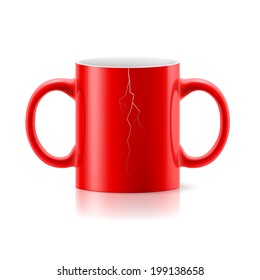 Red mug with a handle on each side on white background.