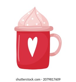 A red mug with a heart. A hand-drawn flat cup with a hot drink and whipped cream. The design element is isolated on a white background. Color vector illustration
