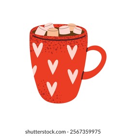 Red mug with heart pattern, hot chocolate, and marshmallows. Cute Valentine's Day element, perfect for stickers, greeting cards, and gift tags. Flat vector illustration isolated on white background.