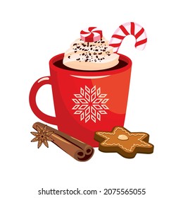 Red mug of hot chocolate with cinnamon and gingerbread icon vector. Cup of cocoa with whipped cream vector. Sweet winter drink icon isolated on a white background. Christmas beverage with candy cane