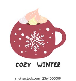 Red mug of hot chocolate or cocoa with marshmallows. Winter cozy flat illustration isolated on white. Seasonal warm drink. Design element for cafe menu, invitations, advertising, cards