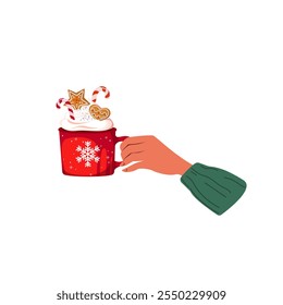 Red mug of hot chocolate, cocoa in hands. Christmas drink. Vector illustration.