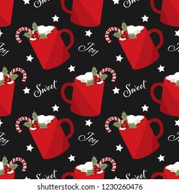 Red mug of hot chocolate with marshmallow,  candy canes with holly berries, Sweet and Joy text and stars seamless pattern on black background. Design for winter holiday greeting season wrapping papers