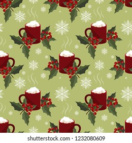 Red mug of hot chocolate with marshmallow and holly berries branches seamless pattern on green background with snowflakes. Design for winter holiday season background and wrapping papers etc. 