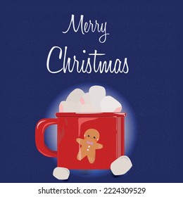 A red mug of hot chocolate with marshmallows featuring a gingerbread man. Snowy weather. And the inscription Merry Christmas!