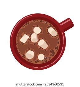 Red mug with hot chocolate and marshmallows. Cup with aromatic sweet warming drink. Concept of warmth, care and coziness. Vector illustration isolated on white background.