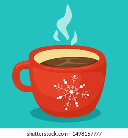 Red Mug With Hot Chocolate On A Turquoise Background. Vector Illustration In Cartoon Flat Style.