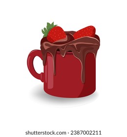 Red mug of hot chocolate with strawberries on an isolated background.