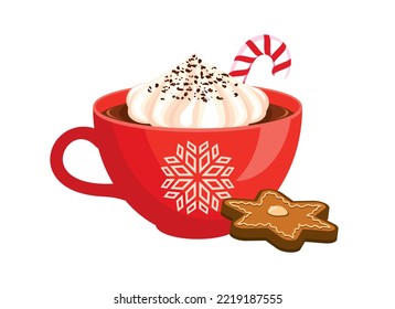 Red mug of hot chocolate with whipped cream and gingerbread icon vector. Winter cocoa hot drink icon isolated on a white background. Christmas beverage with candy cane drawing